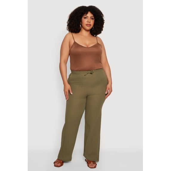 Women's Plus Size Gauze Knit High Waisted Straight Leg Pants
