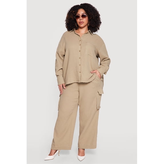 Women's Plus Size Gauze Knit Wide Leg Cargo Pants