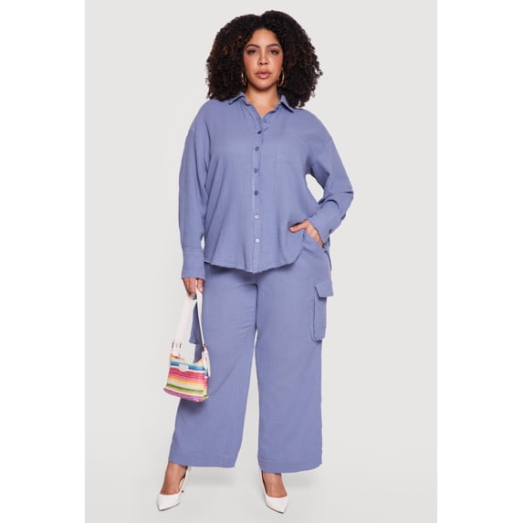 Women's Plus Size Gauze Knit Wide Leg Cargo Pants