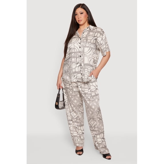 Women's Plus Size Geometric Print Wide Leg Pull On Pants