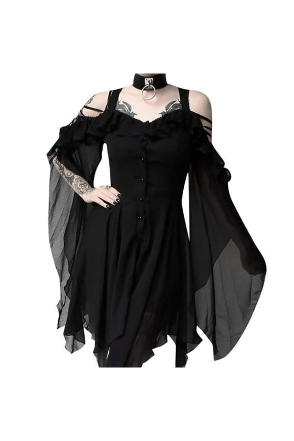 Women's Plus Size Gothic Black Off Shoulder Dress With Ruffle Sleeves Midi Length