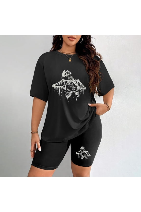 Women's Plus Size Gothic Skeleton Print Short Sleeve T-Shirt & Shorts Set