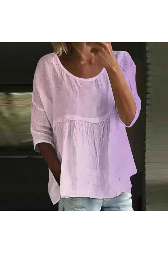 Women's Plus Size Gradient Color 3/4 Sleeve Crew Neck T Shirt Top, Loose Comfortable Pullover Blouse with Color Fade Effect, for Daily Casual Wear or Home Lounging in Summer Light Violet