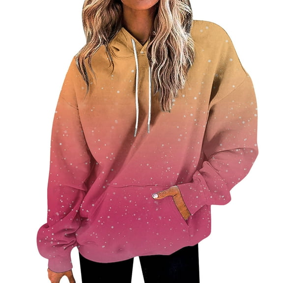 Women's Plus Size Gradient Color Print Drawstring Hooded Sweatshirt with Pocket, Soft Oversized Long Sleeve Pullover for Autumn and Winter, Casual Wear, Work, Going Out and Concert Events Pink M