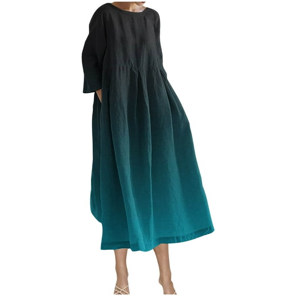 Women's Plus Size Gradient Dresses Casual Long-Sleeve Crew Neck Dress Loose Fit Midi Dresses with Pockets