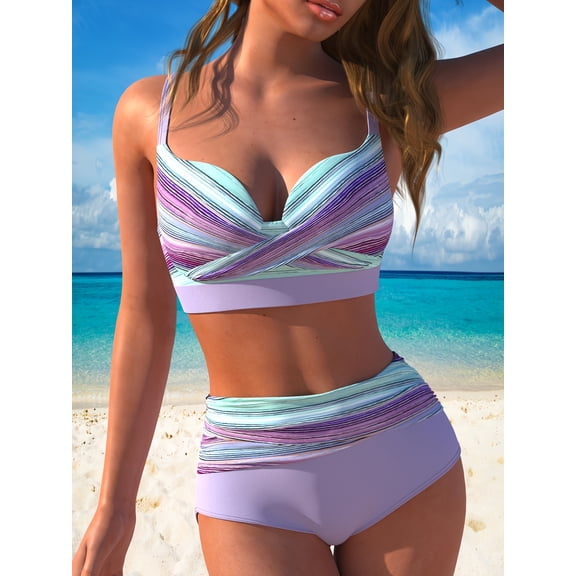 Women's Plus Size Gradient Stripe Wrap Bikini Top & High Waisted Bottom 2-Piece Swimsuit