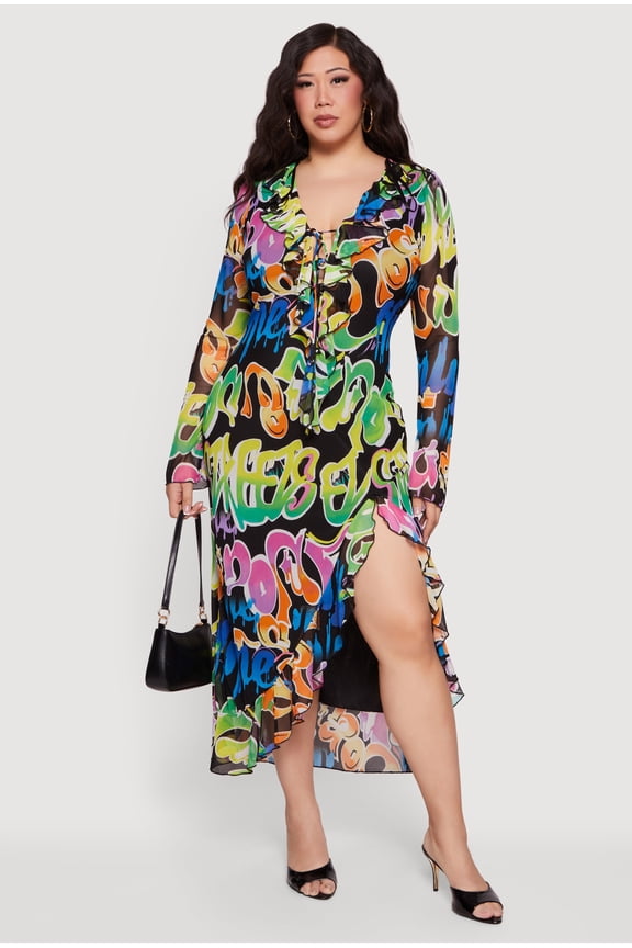 Women's Plus Size Graffiti Ruffled Thigh Slit Maxi Dress
