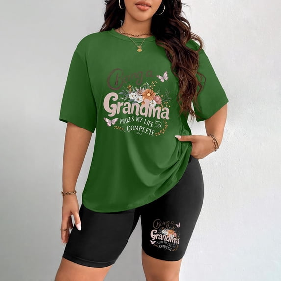 Women's Plus Size Grandma Floral Print T-Shirt & Shorts Set