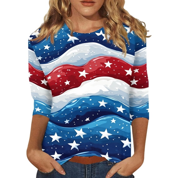 Women's Plus Size Graphic Print 3/4 Sleeve T-Shirt, Patriotic Independence Day Casual Top with Round Neck, Loose Fit & Soft Touch Fabric,Blue L
