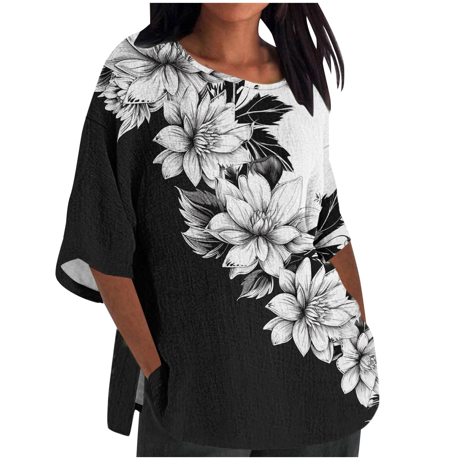 Women's Plus Size Graphic Tees Trendy Floral Print Crew Neck Loose T