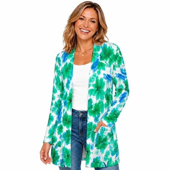 Women's Plus Size Green Abstract Floral Cardigan, Long Sleeve Open Front Tunic with Pockets
