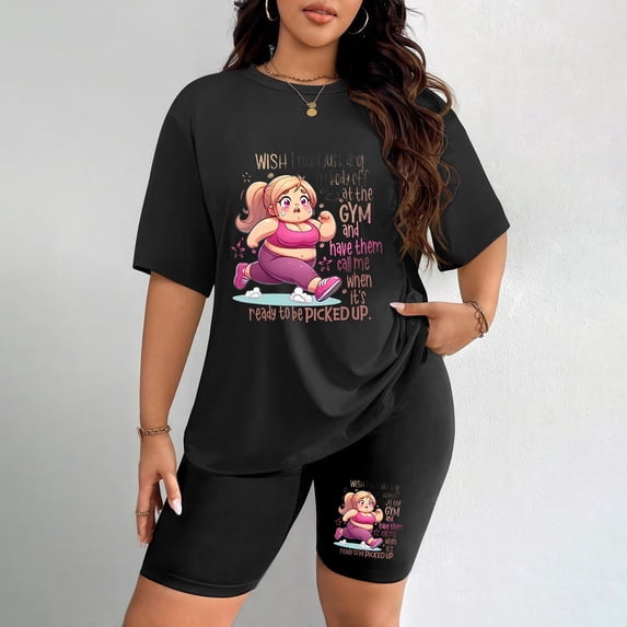 Women's Plus Size Gym Humor Print Short Sleeve T-Shirt & Shorts Set