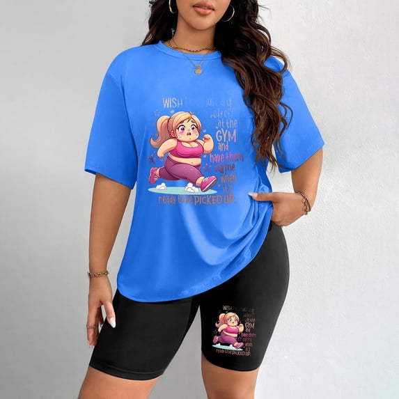 Women's Plus Size Gym Humor Print Short Sleeve T-Shirt & Shorts Set
