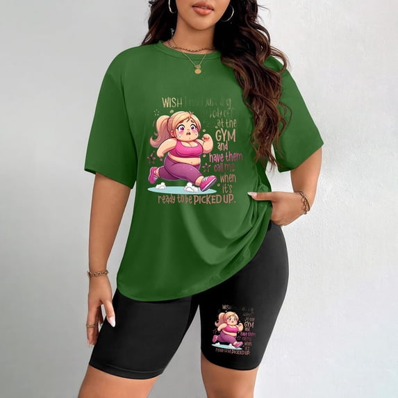 Women's Plus Size Gym Humor Print Short Sleeve T-Shirt & Shorts Set