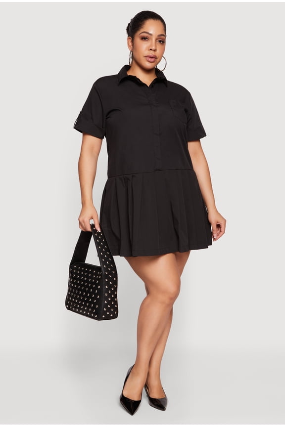 Women's Plus Size Half Button Front Mini Shirt Dress