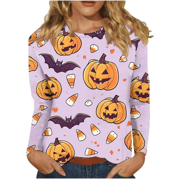 Women's Plus Size Halloween Pumpkin Bat Ghost Print Shirt Casual Long Sleeves Crew Neck Loose Fit Pullover Tunic Tops