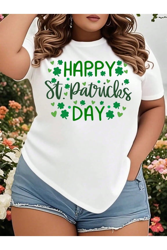 Women's Plus Size Happy St. Patrick's Day Shamrock Graphic T-Shirt, Short Sleeve Festive White Tee