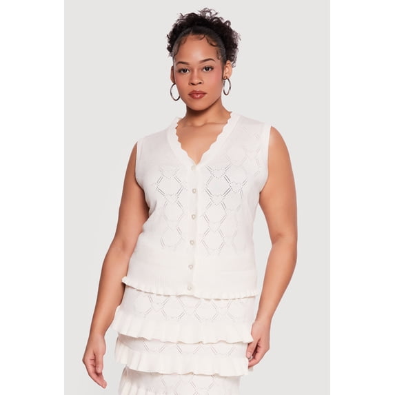 Women's Plus Size Heart Geometric Pointelle Button Front Vest