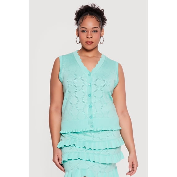 Women's Plus Size Heart Geometric Pointelle Button Front Vest