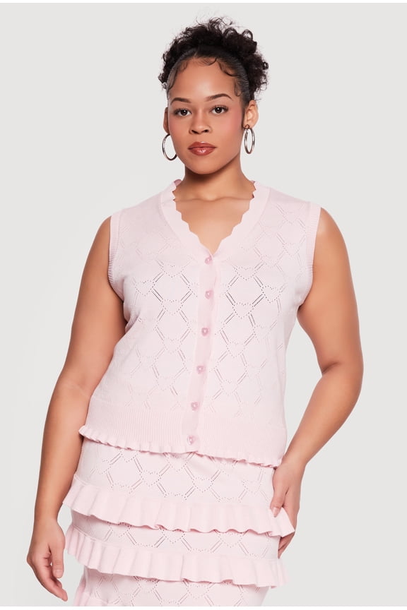 Women's Plus Size Heart Geometric Pointelle Button Front Vest