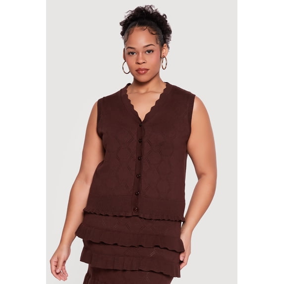 Women's Plus Size Heart Geometric Pointelle Button Front Vest