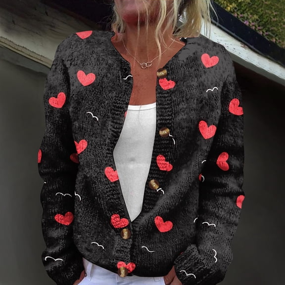 Women's Plus Size Heart Pattern Sweaters Spring 2026 Trendy Lightweight Button Valentine's Day Sweater