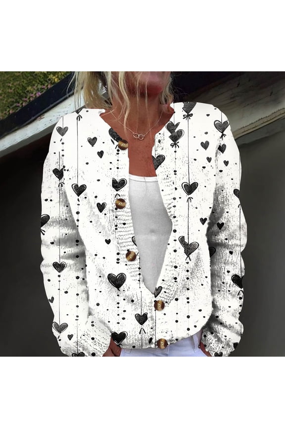 Women's Plus Size Heart Pattern Sweaters Y2K Button Down Long Sleeve Knit Outerwear Cardigan Spring Valentine's Day Tops