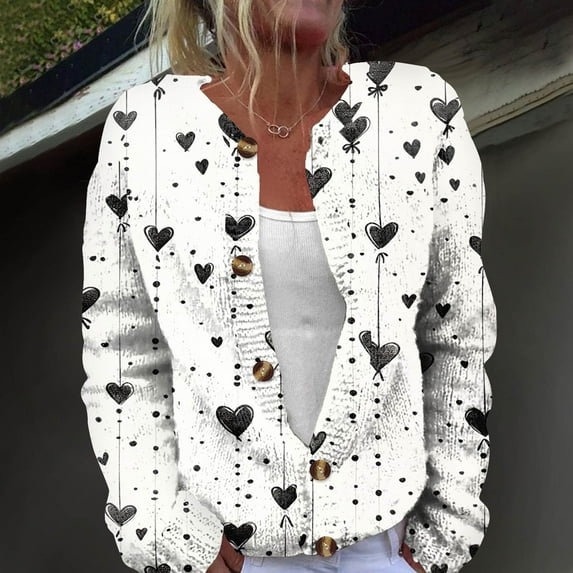 Women's Plus Size Heart Pattern Sweaters Y2K Button Down Long Sleeve Knit Outerwear Cardigan Spring Valentine's Day Tops