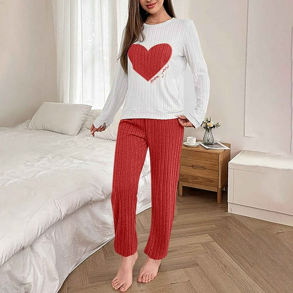 Women's Plus Size Heart Print Ribbed Pajama Set 2 Piece Long Sleeve Top and Pants