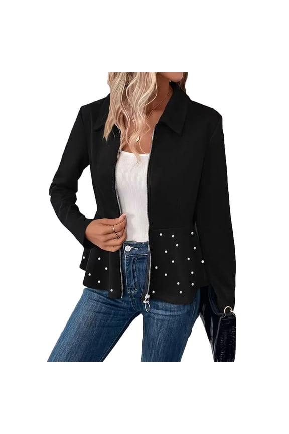 Women's Plus Size Heavy-Duty Beaded Jacket - Fashion Elegant Solid Color, Black, XXXL