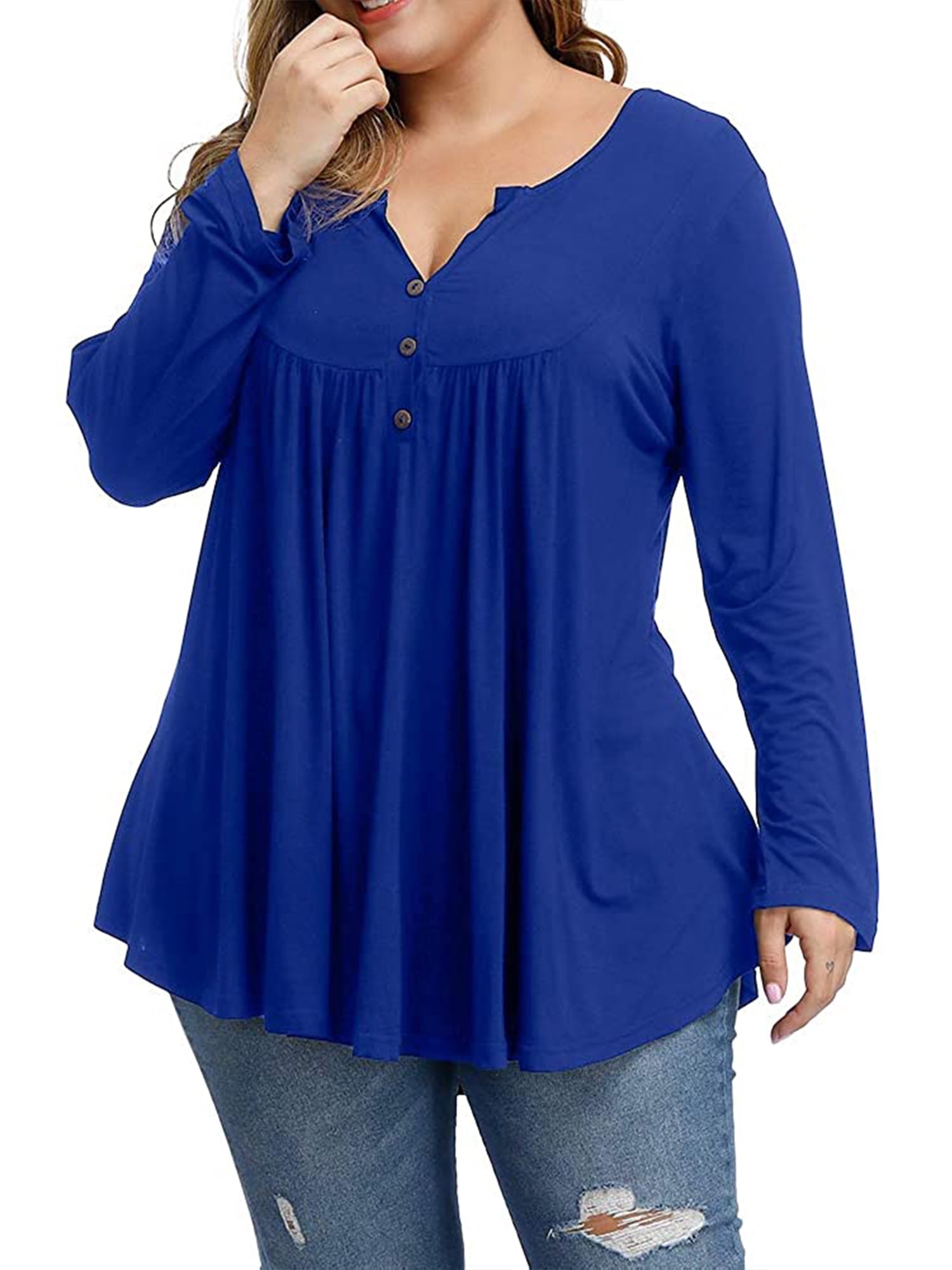 Women's Plus Size Henley Shirt Long sleeve V Neck Flared Blouse Pleated  Tunic Tops for Women 