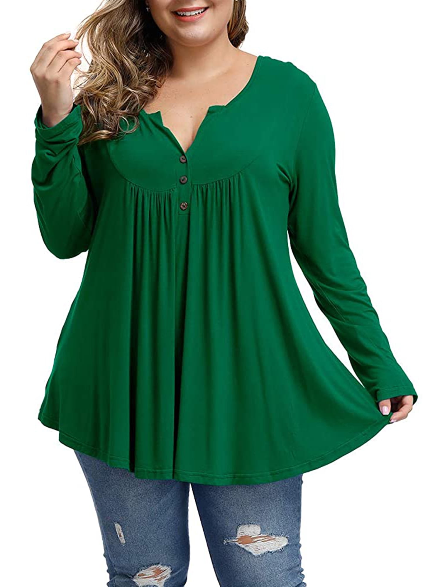 marxistisk Tag det op killing Women's Plus Size Henley Shirt Long sleeve V Neck Flared Blouse Pleated Tunic  Tops for Women - Walmart.com