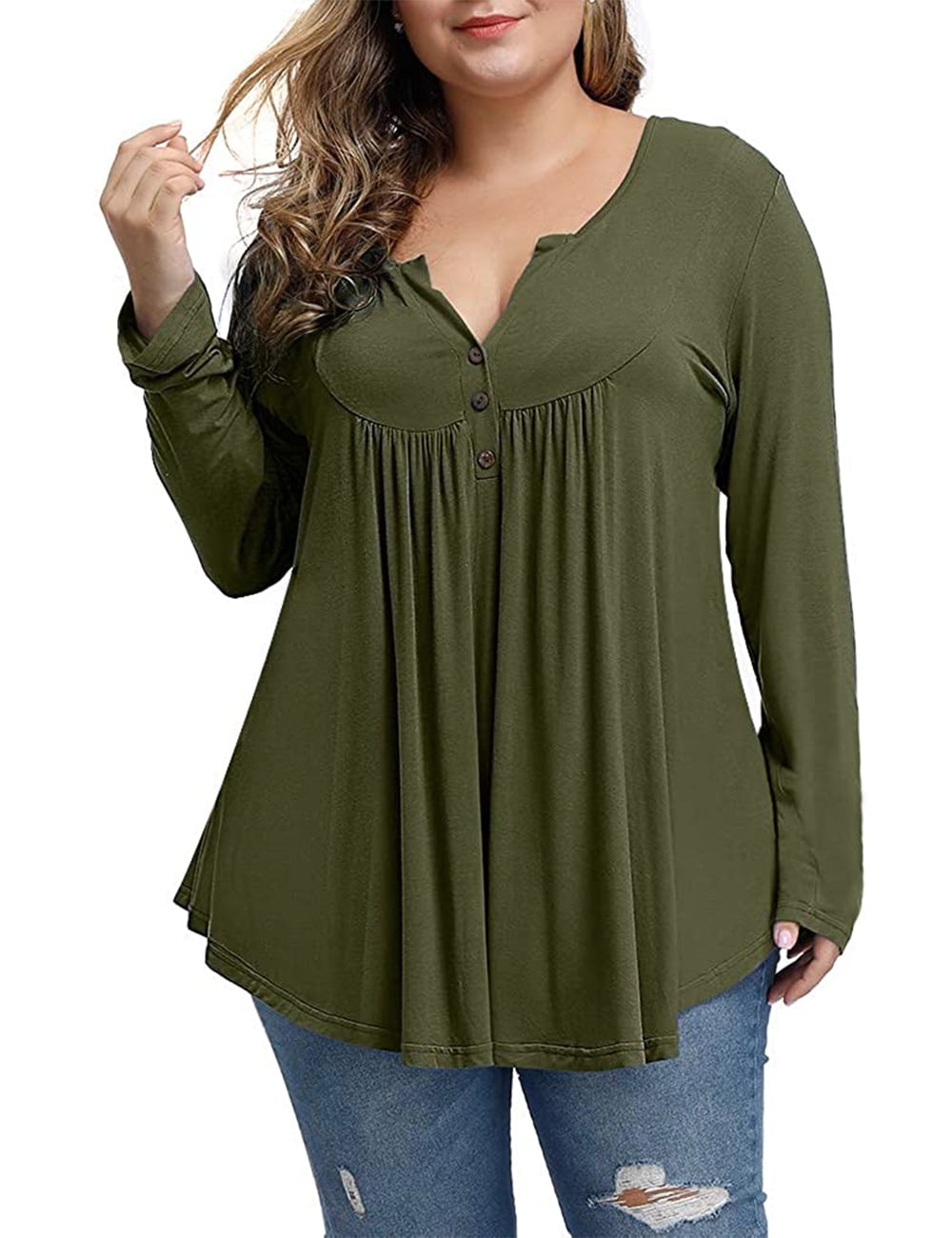 Women's Plus Size Henley Shirt Long sleeve V Neck Flared Blouse Pleated Tunic  Tops for Women 