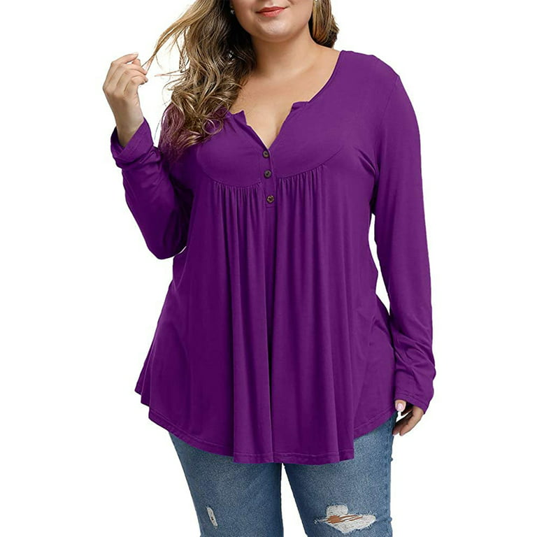 Women's Plus Size Henley Shirt Long sleeve V Neck Flared Blouse Pleated  Tunic Tops for Women