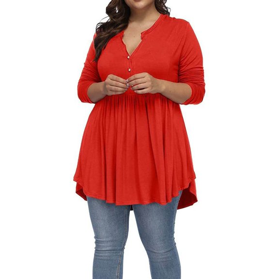 Women's Plus Size Henley Shirts V Neck Button Down Curvy Tunic Tops Long Sleeve Dressy Casual Flowy Blouses
