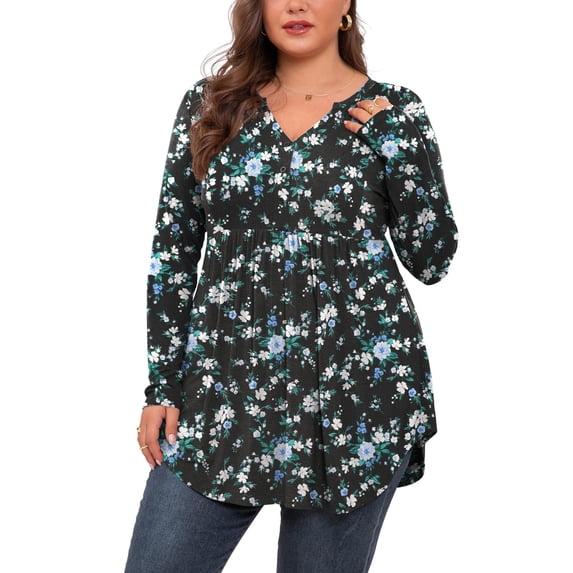 PINKSIR Plus Size Henley Shirts for Women V Neck Button Long Sleeve Flowy Tunic Tops Curved Hem Fall Black Periwinkle 3X