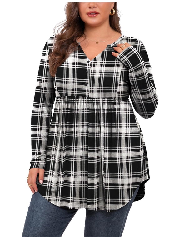 Plus Size Henley Shirts for Women V Neck Button Long Sleeve Flowy Tunic Tops Curved Hem Fall Black White Plaid 2X