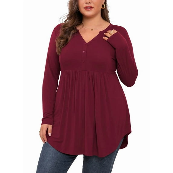 PINKSIR Women's Plus Size Henley Shirts Peplum V Neck Button Tunic Tops Casual Long Sleeve Blouse 1XL-4X
