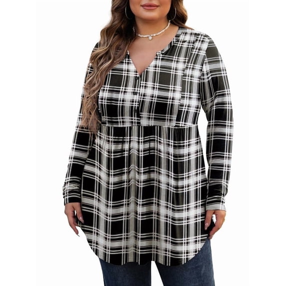 PINKSIR Plus Size Henley Shirts for Women V Neck Button Long Sleeve Flowy Tunic Tops Curved Hem Fall Black White Plaid 4X