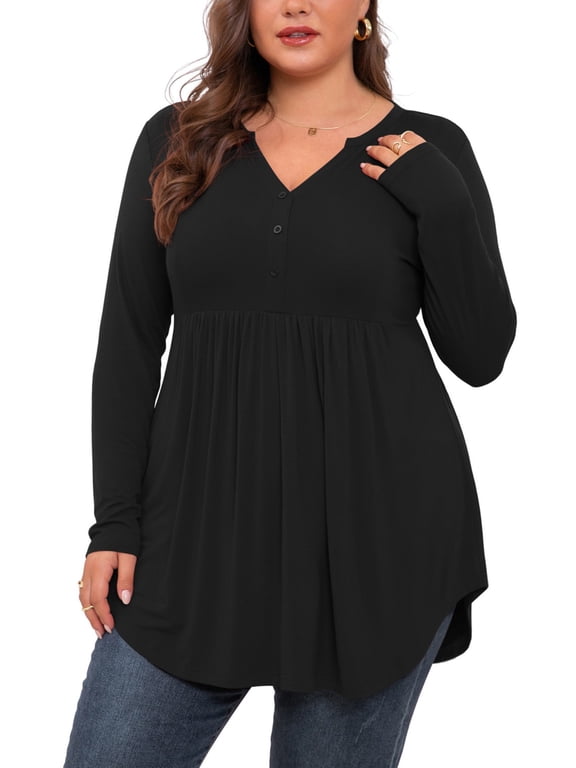 Plus Size Henley Shirts for Women V Neck Button Long Sleeve Flowy Tunic Tops Curved Hem Fall Blouse Black 2X