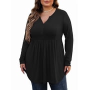 PINKSIR Plus Size Henley Shirts for Women V Neck Button Long Sleeve Flowy Tunic Tops Curved Hem Fall Blouse Black 2X