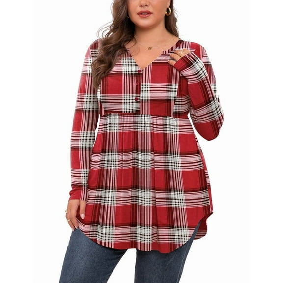 PINKSIR Women's Plus Size Henley Shirts Peplum V Neck Button Tunic Tops Casual Long Sleeve Blouse 1XL-4X