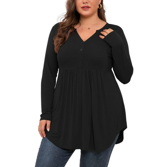PINKSIR Women's Plus Size Henley Shirts Peplum V Neck Button Tunic Tops Casual Long Sleeve Blouse 1XL-4X
