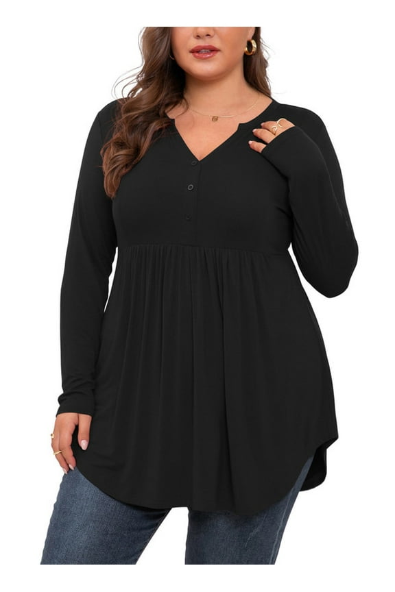 Women's Plus Size Henley Shirts Peplum V Neck Button Tunic Tops Casual Long Sleeve Blouse 1XL-4X