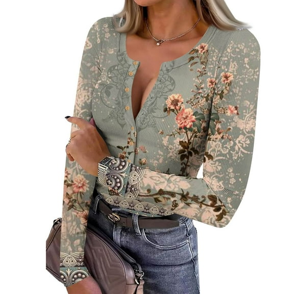 Women's Plus Size Henley T Shirts Long Sleeve Button Down Tunic Tops V Neck Ribbed Knit Shirts