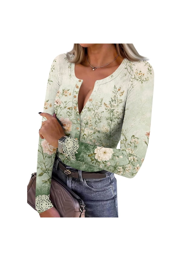 Women's Plus Size Henley T Shirts Long Sleeve Button Down Tunic Tops V Neck Ribbed Knit Shirts