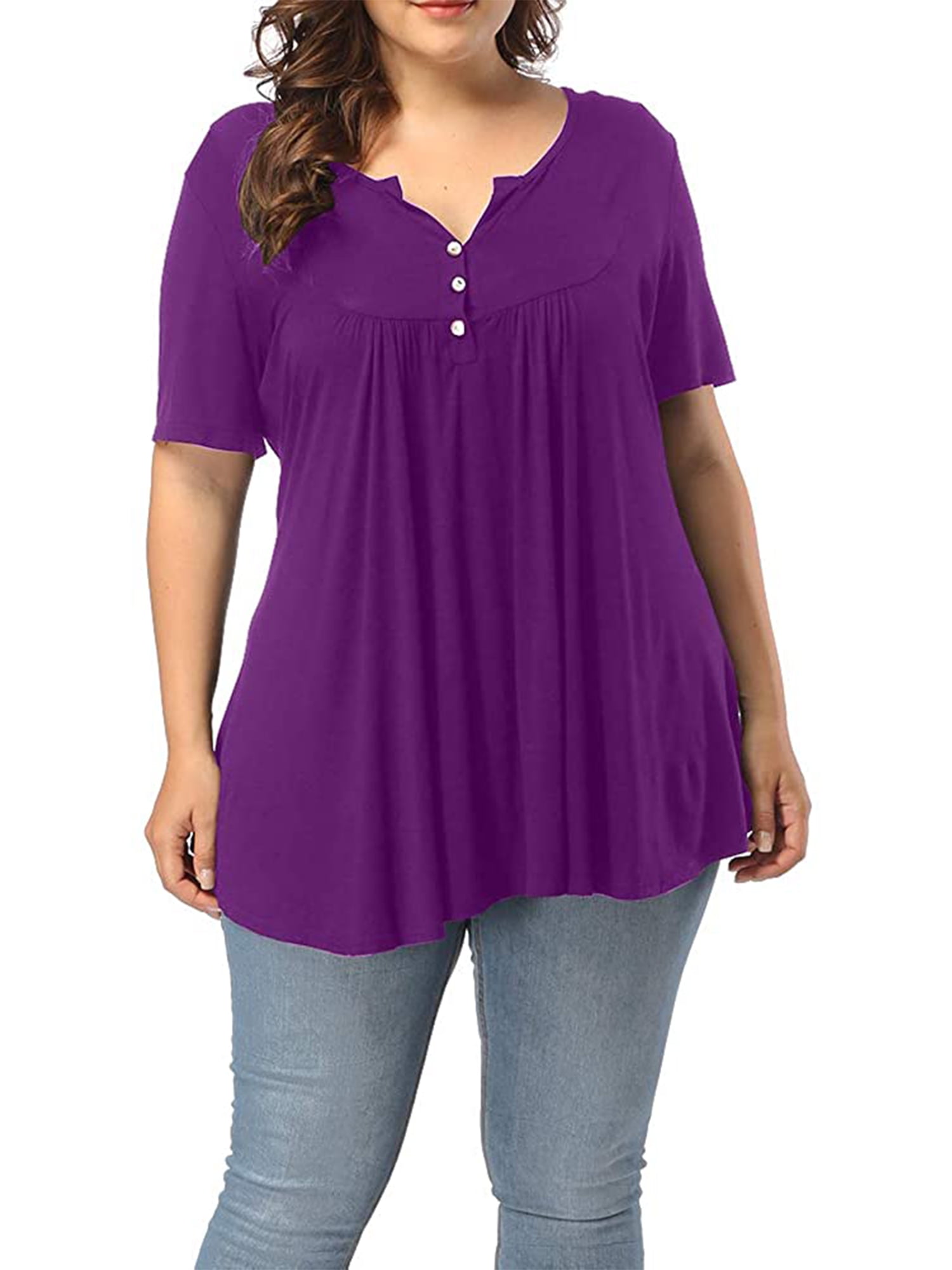 Women's Plus Size Henley V Neck Button Up Tunic Tops Casual Short ...