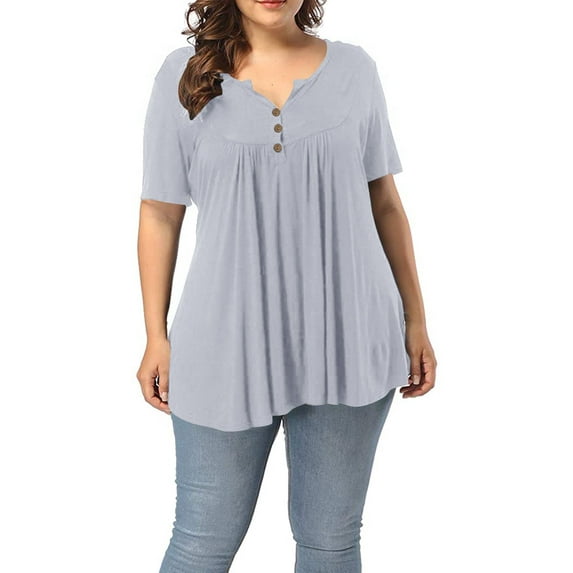 Women's Plus Size Henley V Neck Button up Tunic Tops Casual Short Sleeve Blouse Shirts