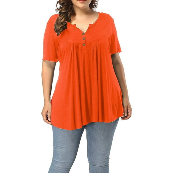 Women's Plus Size Henley V Neck Button up Tunic Tops Casual Short Sleeve Blouse Shirts
