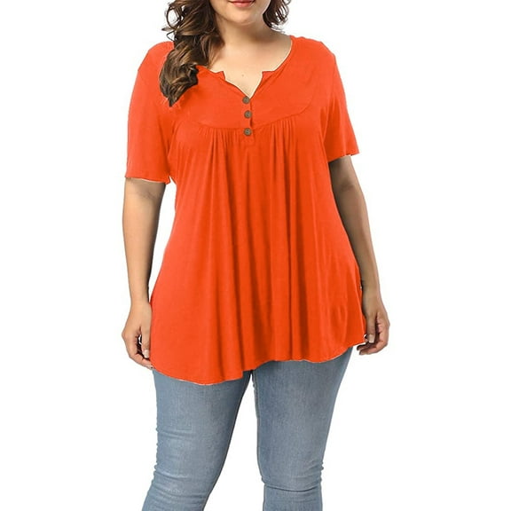 Women's Plus Size Henley V Neck Button up Tunic Tops Casual Short Sleeve Blouse Shirts